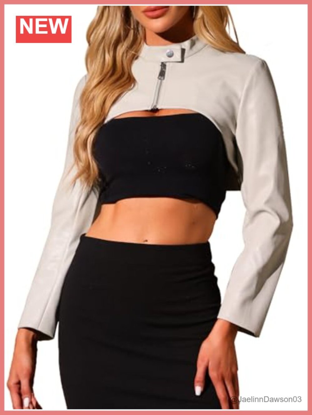 Faux Leather Cropped Moto Biker Jacket Stand Collar Zip Front Long Sleeve